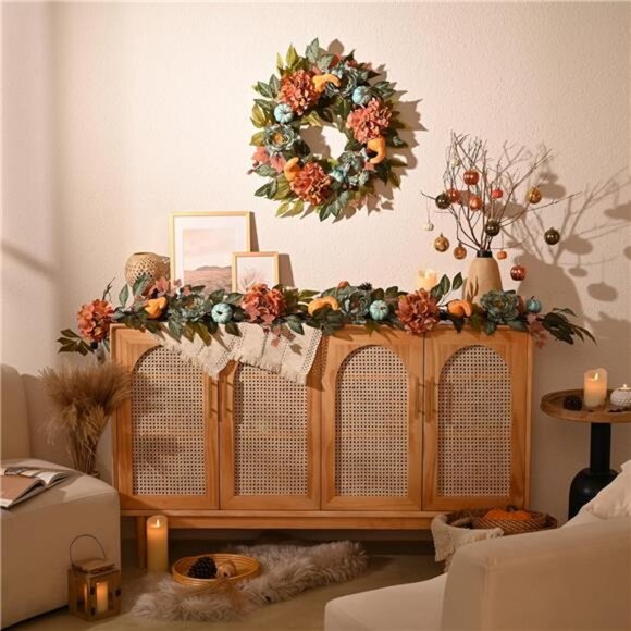 24" Pre-Lit Autumn Wreaths with Peony Hydrangea and Pumpkin for Front Door‎ - Picture 3 of 6